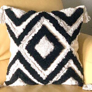Contemporary Boho Beige Black Diamond Geometric Tufted 18" Throw Pillow Cover